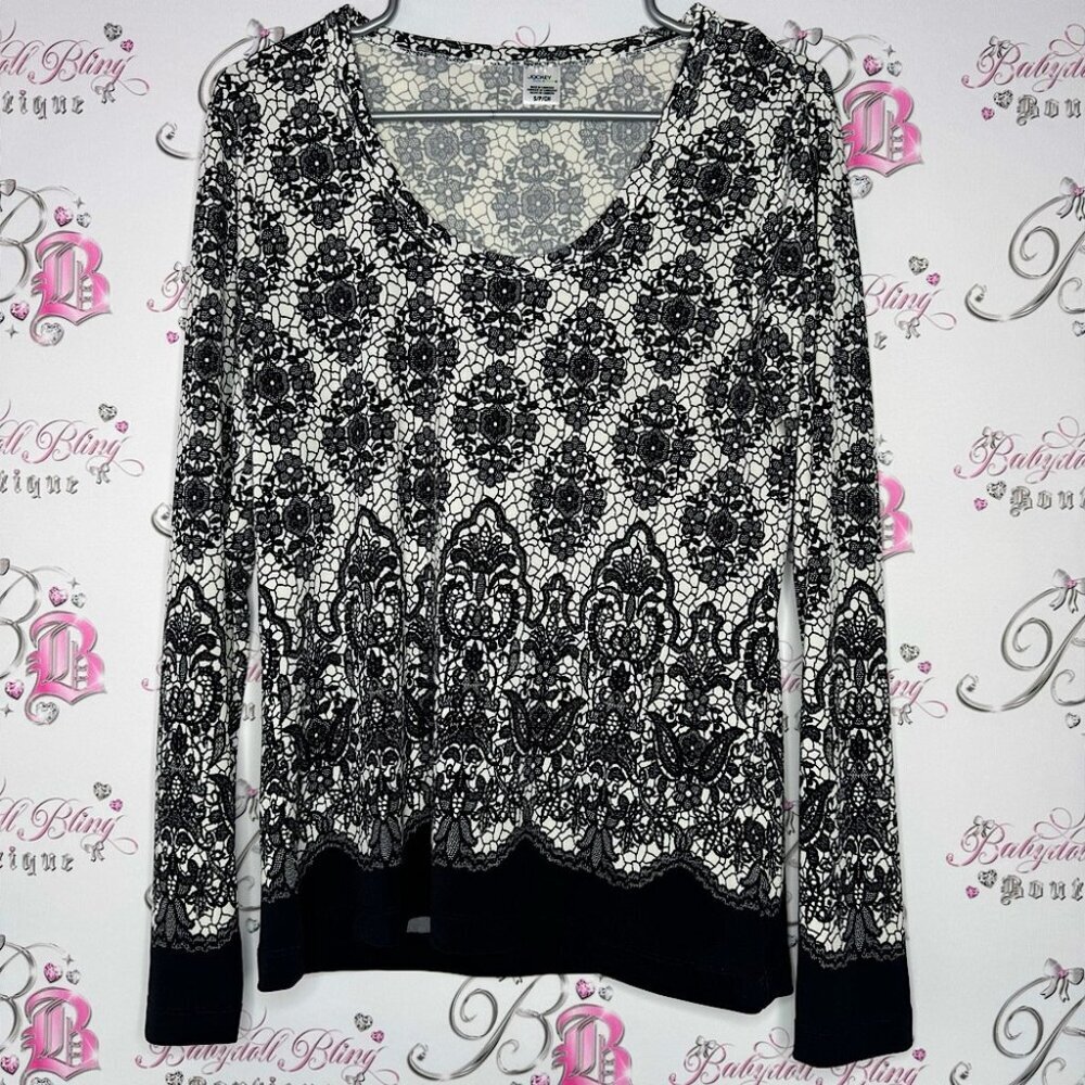 Jockey long sleeve lace print pattern black white soft stretchy buttery fabric